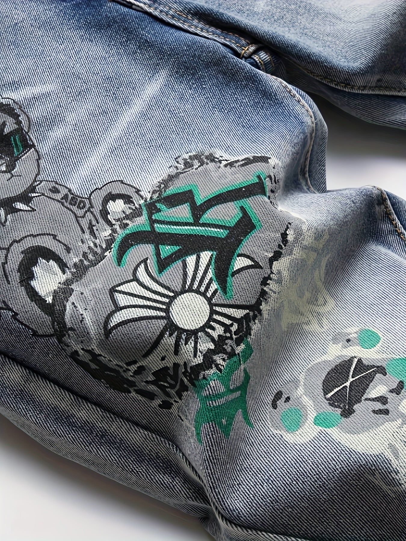 Cartoon Bear Pattern Slim Fit Jeans Men's Casual Street Style