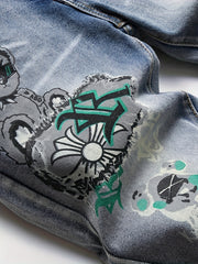 Cartoon Bear Pattern Slim Fit Jeans Men's Casual Street Style
