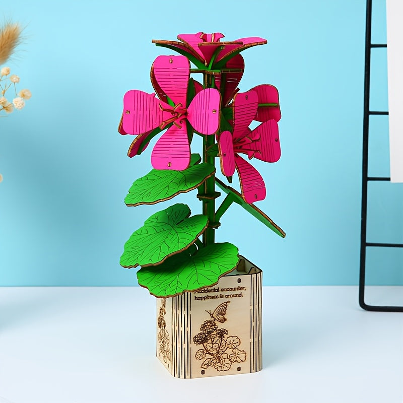 3D Wooden Peony Flower Puzzle Educational Toy with Artificial Flowers