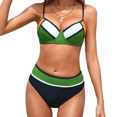 Colorblock V Neck Bikini Set Back Buckle High Cut Swimsuit