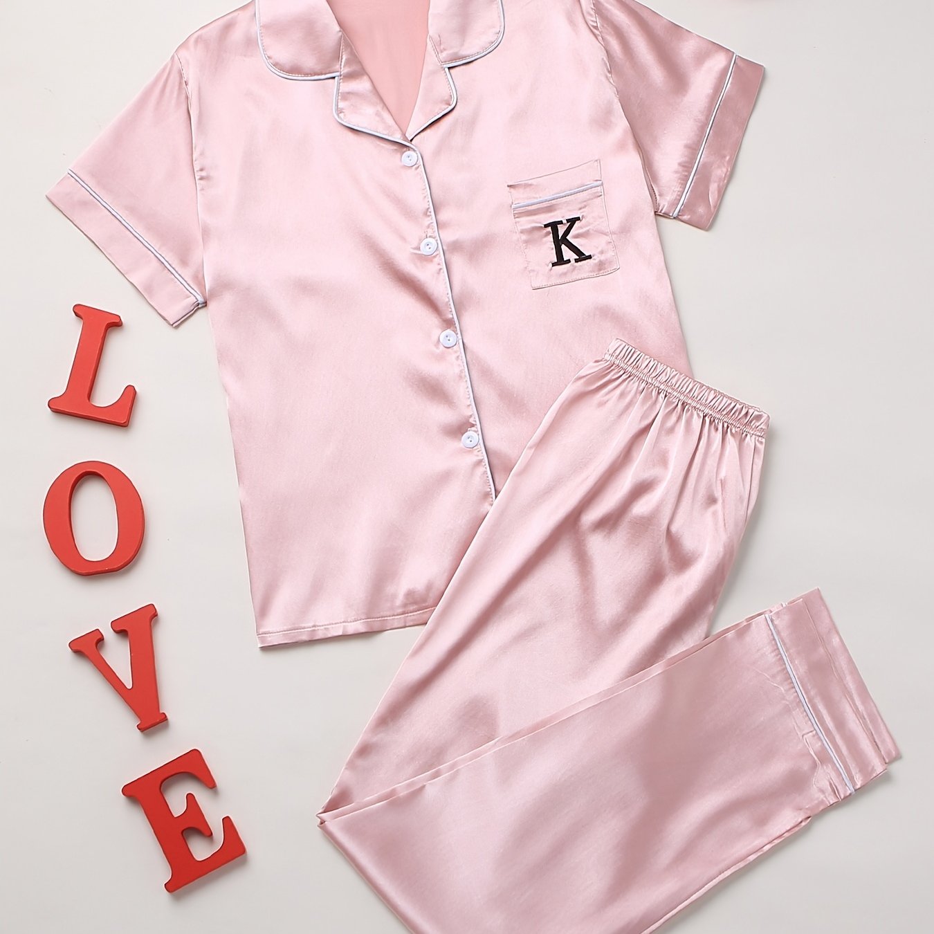Letter Print Pajama Set Short Sleeve Top & Pants Women's Sleepwear
