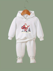 Santa On The Road Print 2pc Outfit Girls Hoodies Jogger Set For Sports Fall