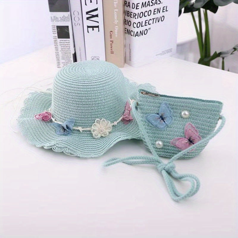 2pcs Girls Lace Trim Straw Hat Sun Hat & Zipper Straw Bag Set for Spring Summer