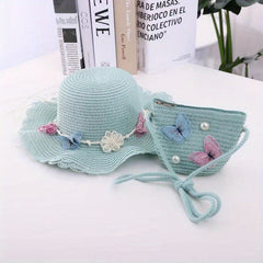 2pcs Girls Lace Trim Straw Hat Sun Hat & Zipper Straw Bag Set for Spring Summer