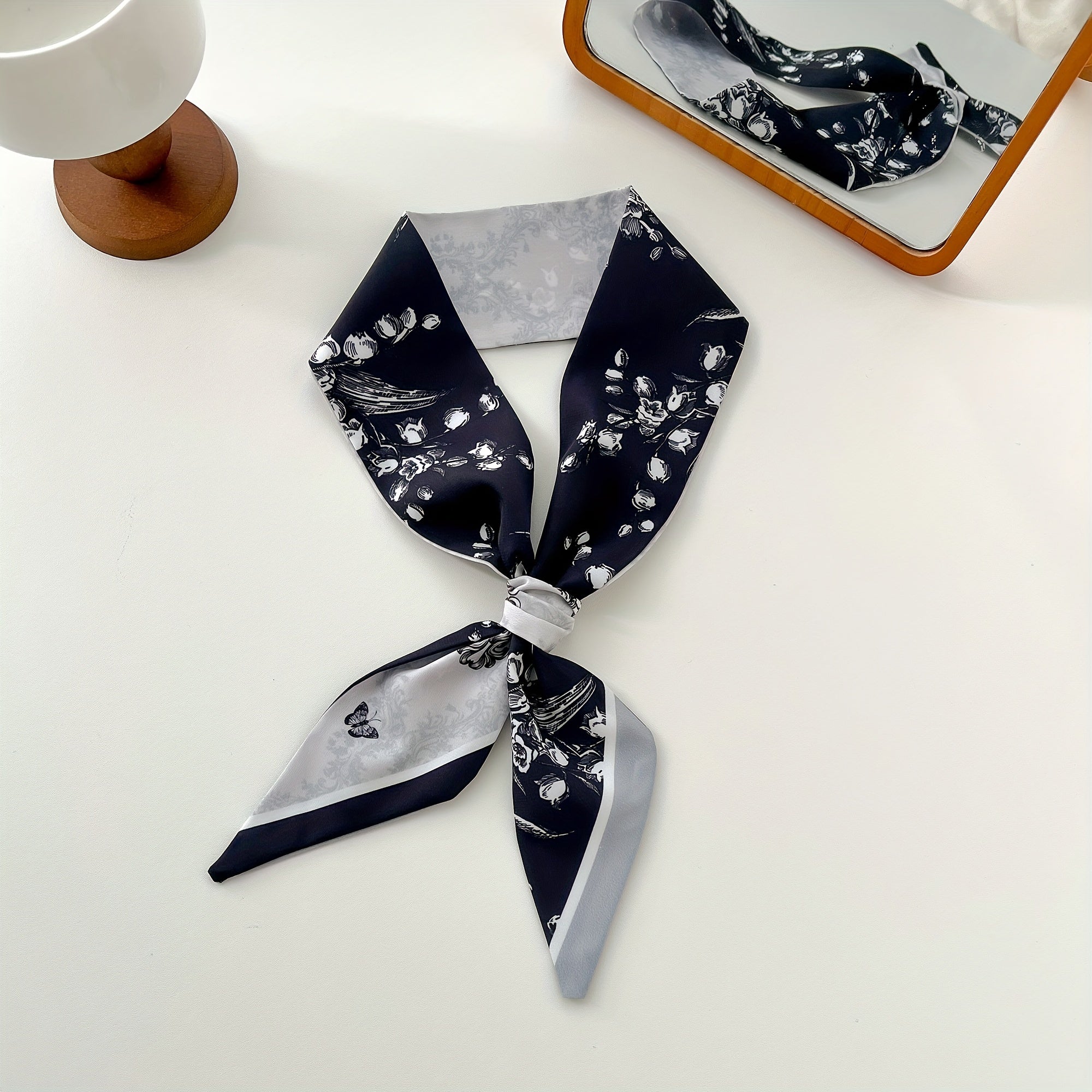 Flower Print Skinny Scarf Vintage Block Neckerchief Classic Hair Ribbon
