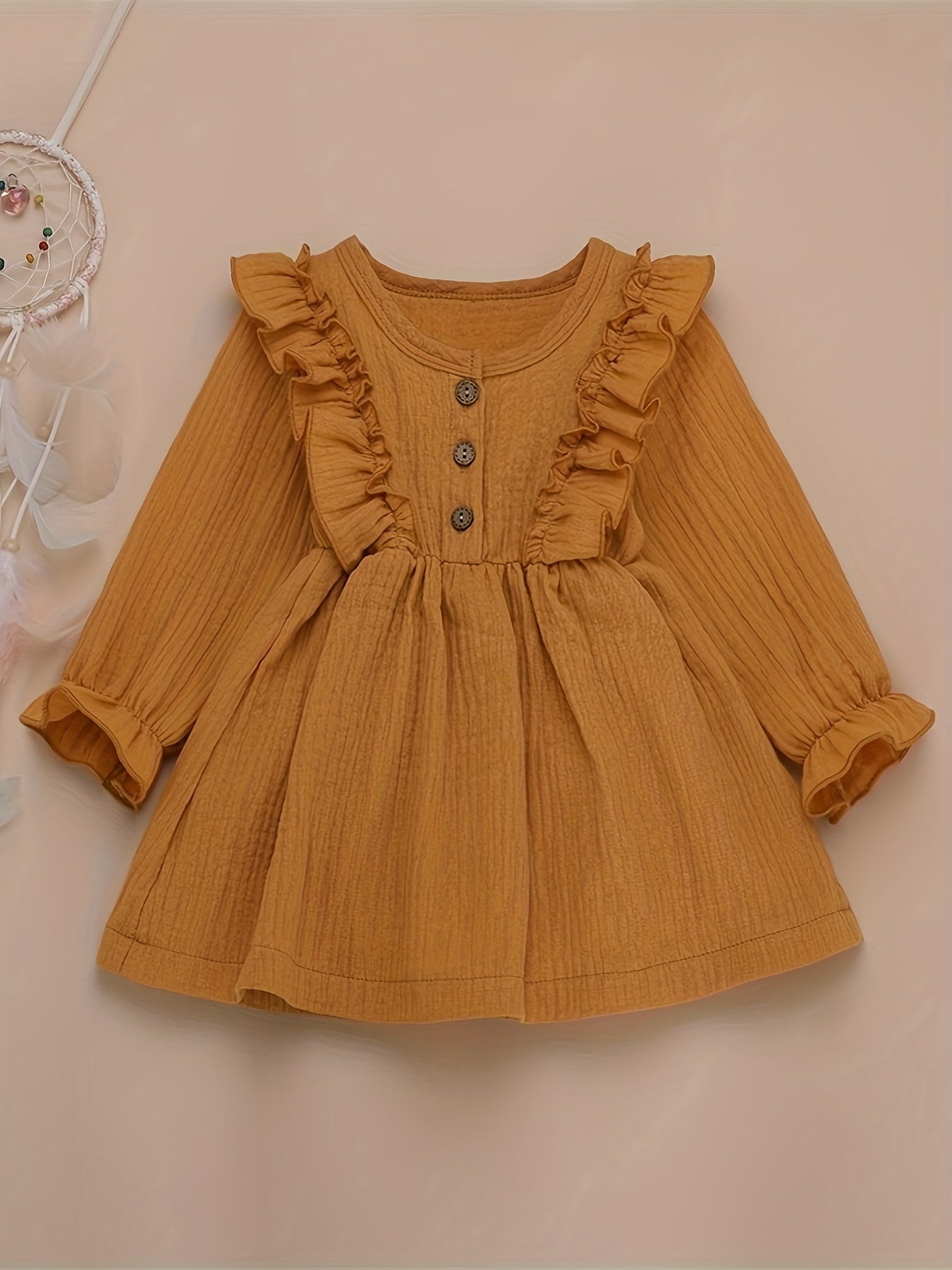 Girls Ruffle Trim Button Long Sleeve Dress
