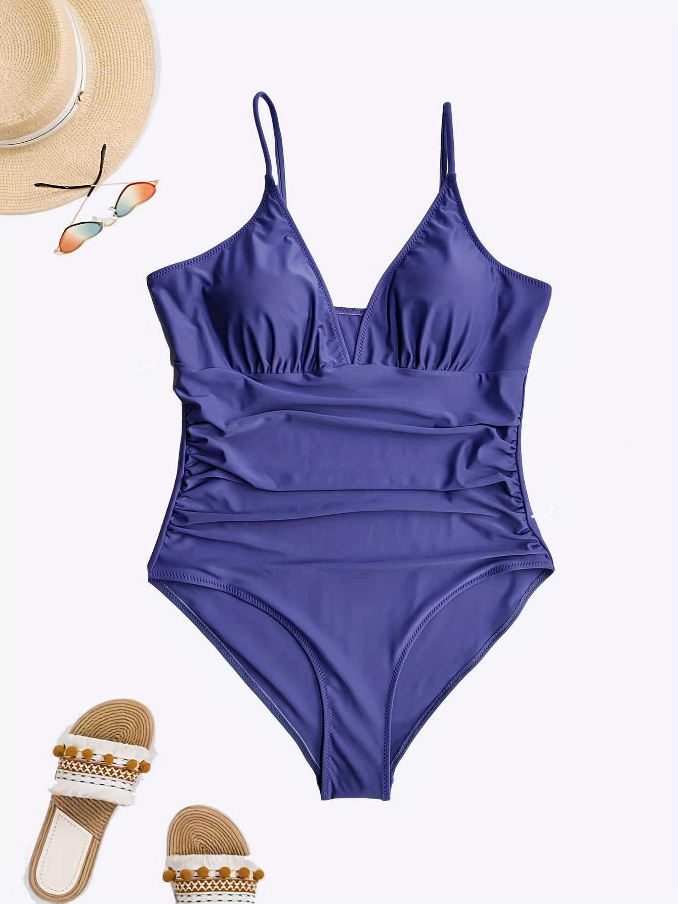 Solid Ruched V Neck One Piece Swimsuit
