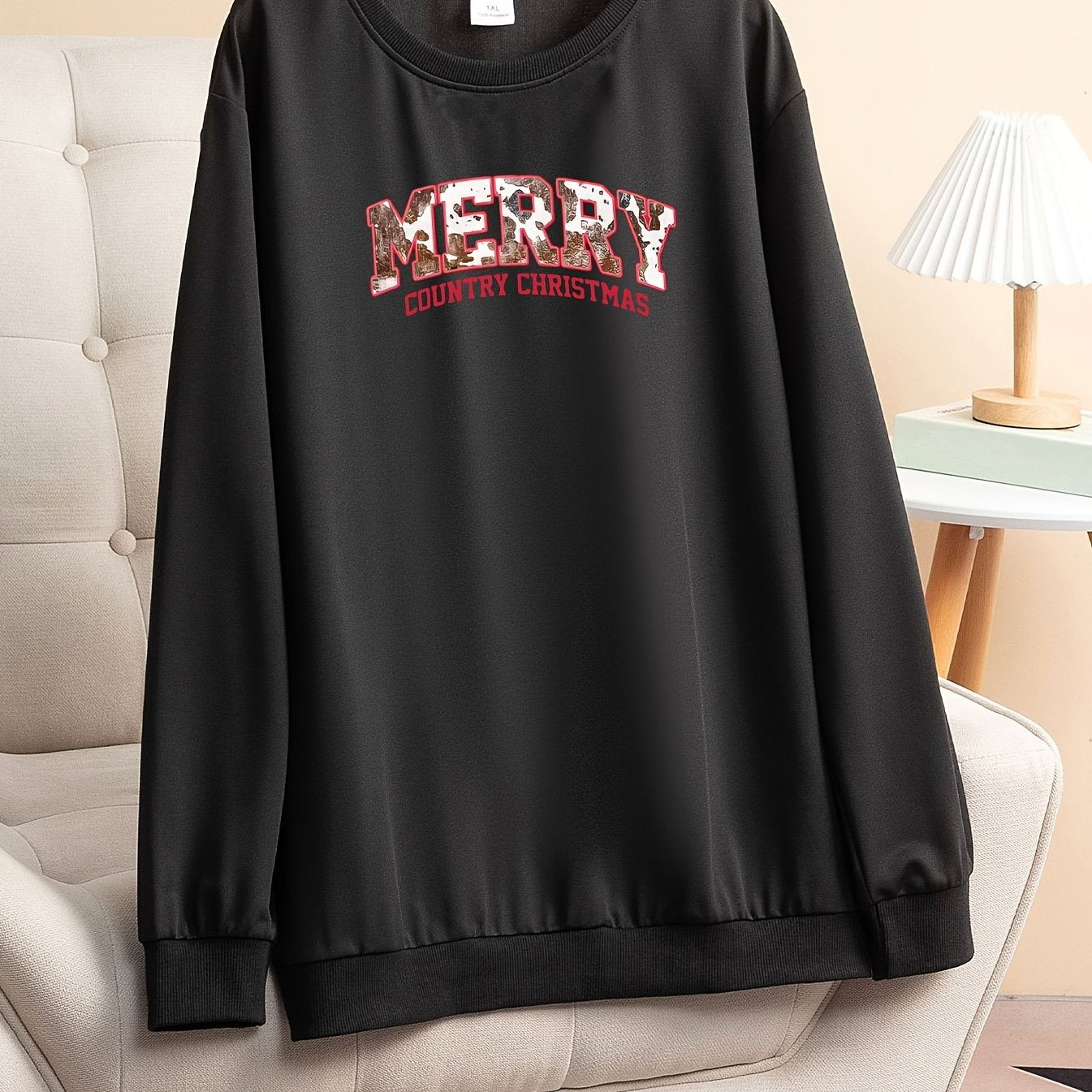 Plus Size Christmas Lounge Top Women Round Neck Medium Stretch Sleepwear Tee