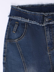 Frayed Trim Pintuck Jeans High Waist Slim Fit Flared Jeans