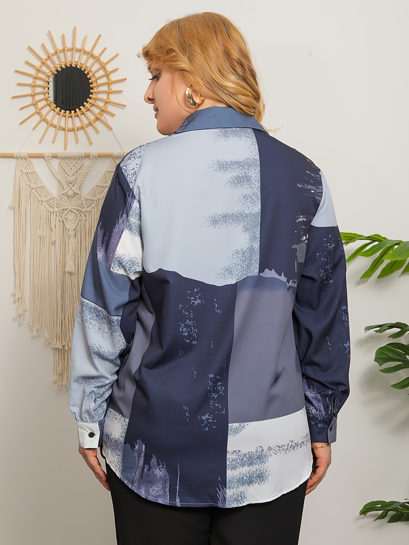 Colorblock Print Long Sleeve Button Up Blouse