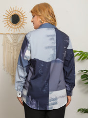 Colorblock Print Long Sleeve Button Up Blouse