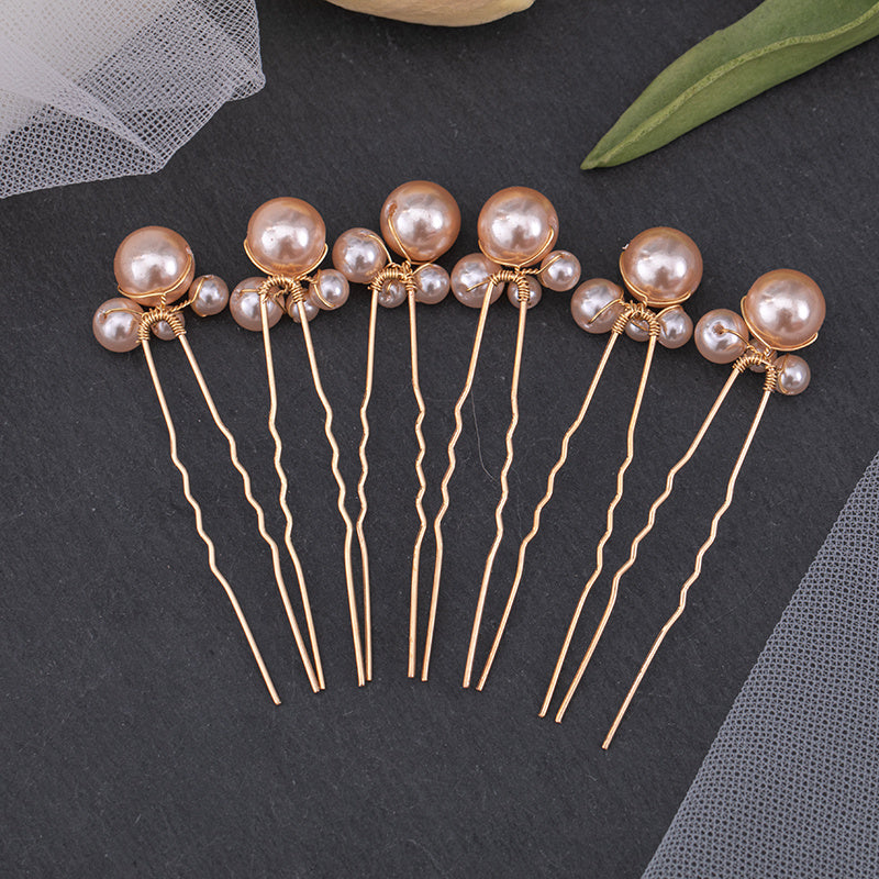 6pcs Pearl Hair Comb Bridal Hairpin Golden Wedding Jewelry