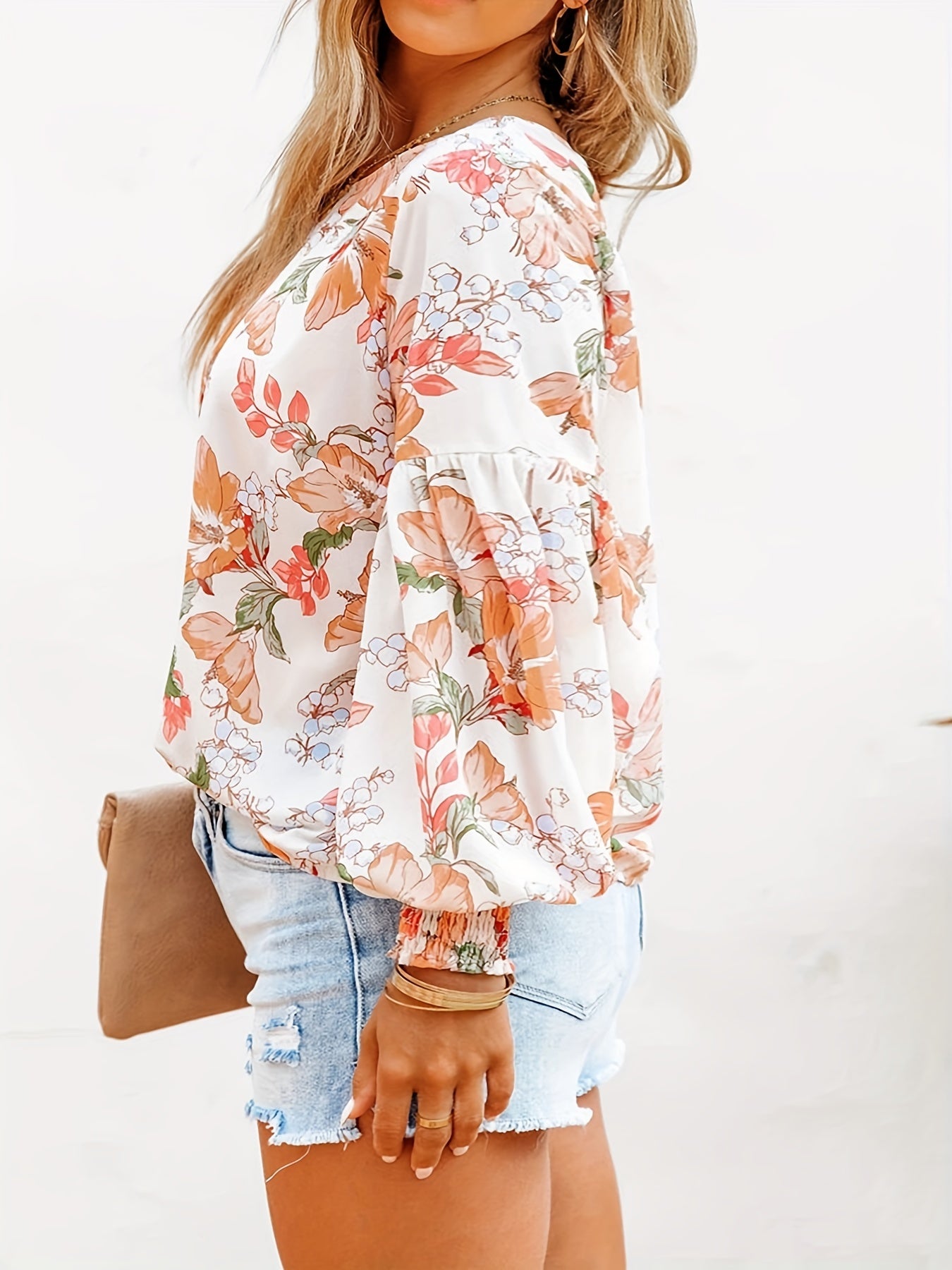 Floral Print Lantern Sleeve Blouse