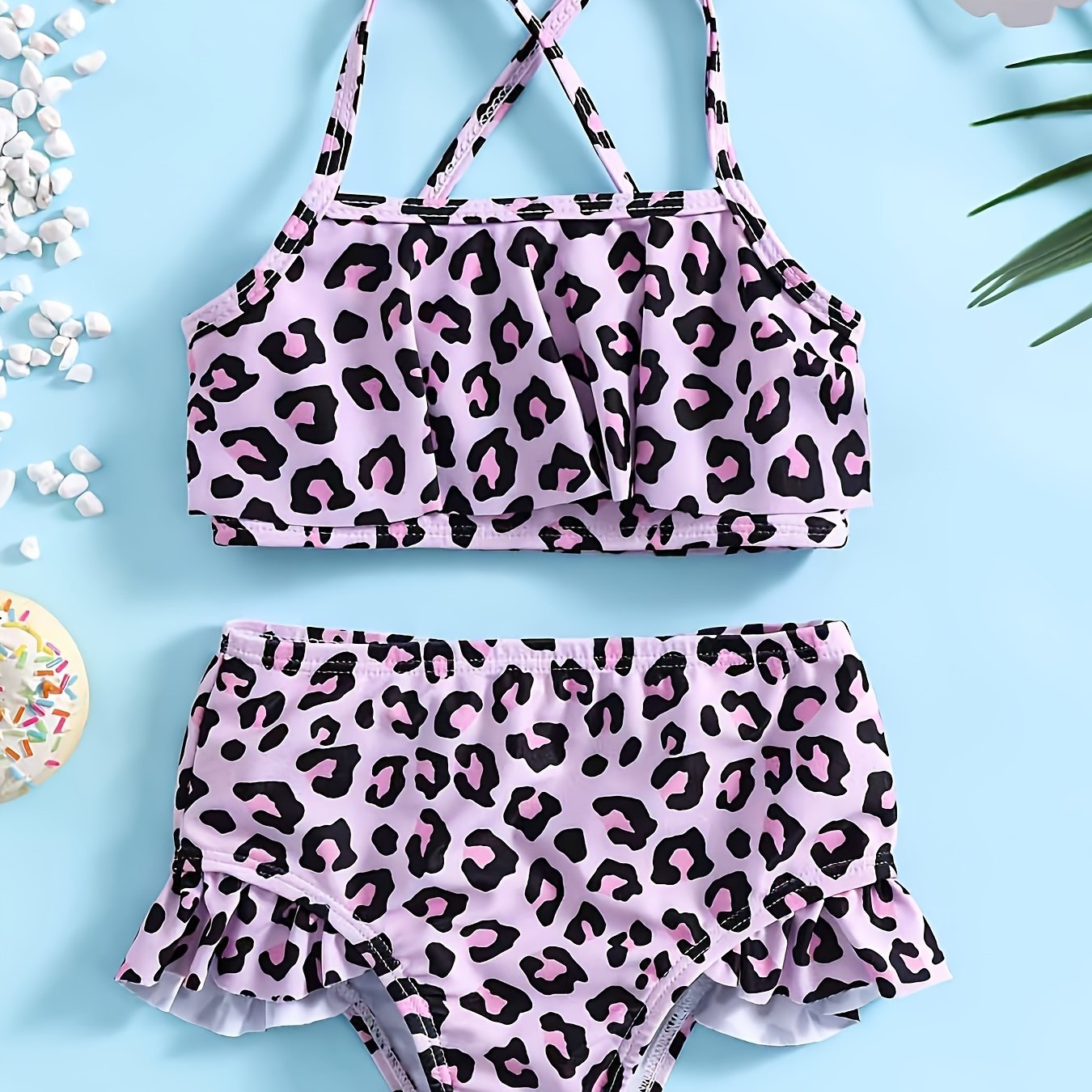 Leopard Print 2pcs Swimsuit Set For Girls Comfy Bathing Suit