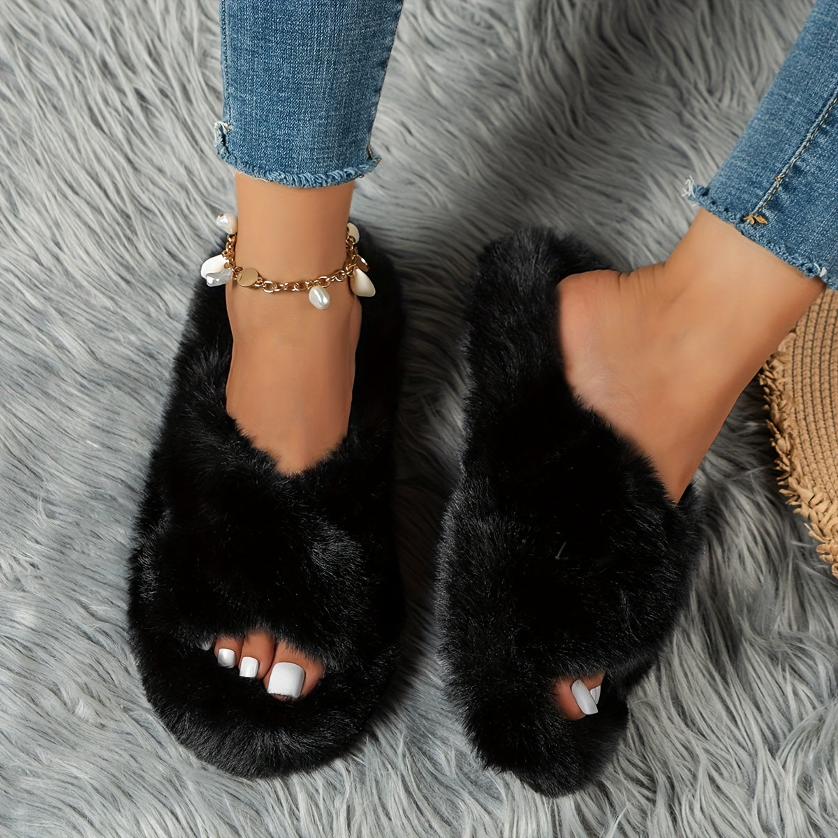 Plush Cross Strap Slippers Comfortable Slip-On Shoes