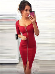Solid Square Neck Half Sleeve Dress with Zipper