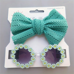 2pcs Girls Bowknot Hair Rope & Flower Sunglasses for Sun Protection