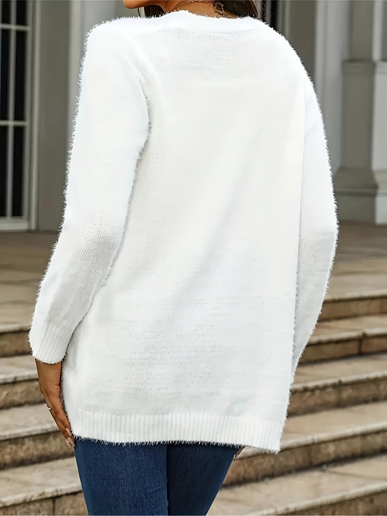 Fuzzy Mid Length Knit Cardigan Long Sleeve Sweater