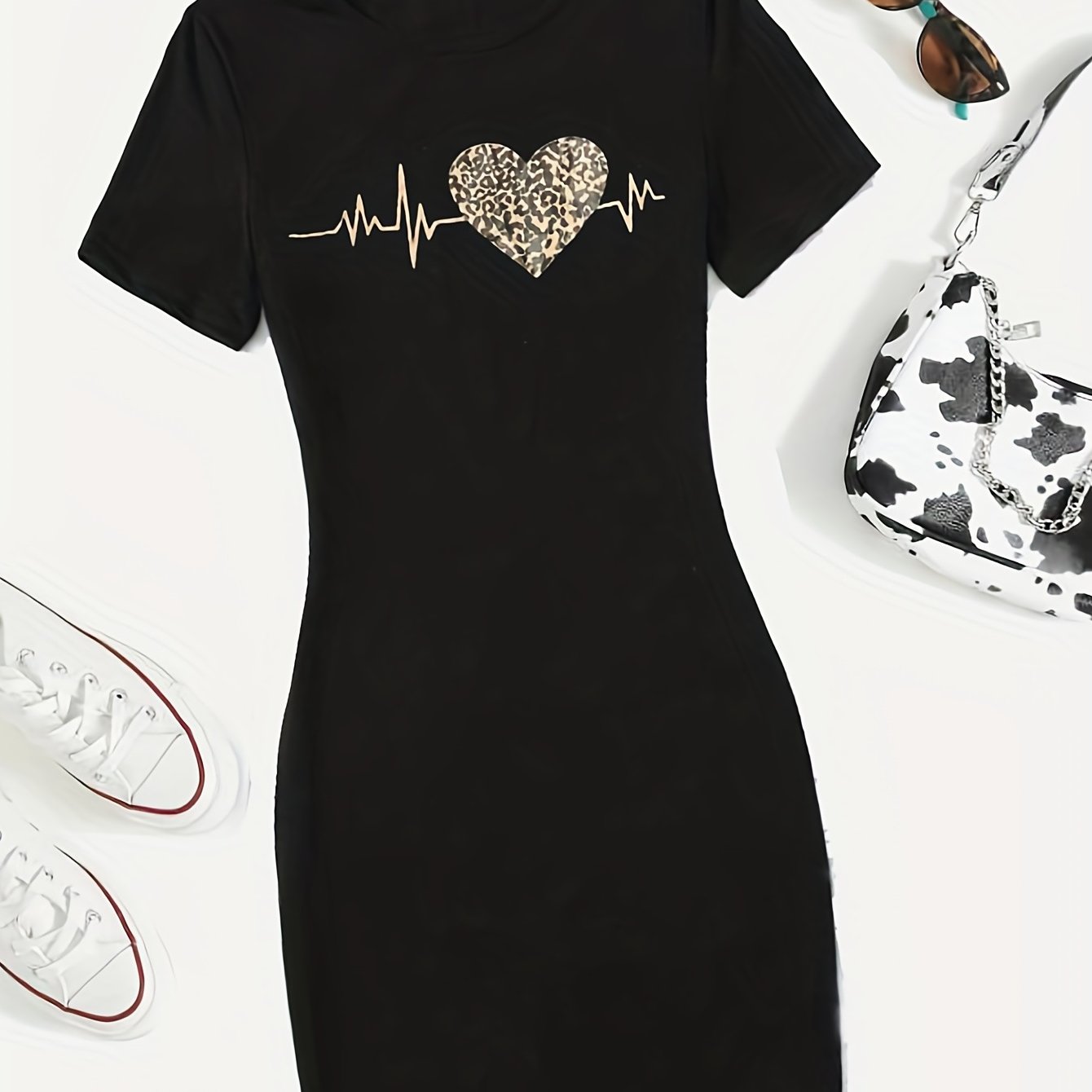 Heart Print Tee Dress Short Sleeve Casual Women's Clothing
