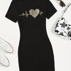 Heart Print Tee Dress Short Sleeve Casual Women's Clothing