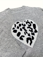 Casual Sweater Women's Plus Leopard Heart Pattern Pullover Jumper