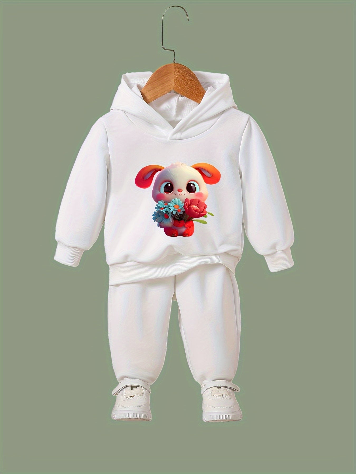 Girls Rabbit Pattern Hooded Sweatshirt and Sweatpants Set