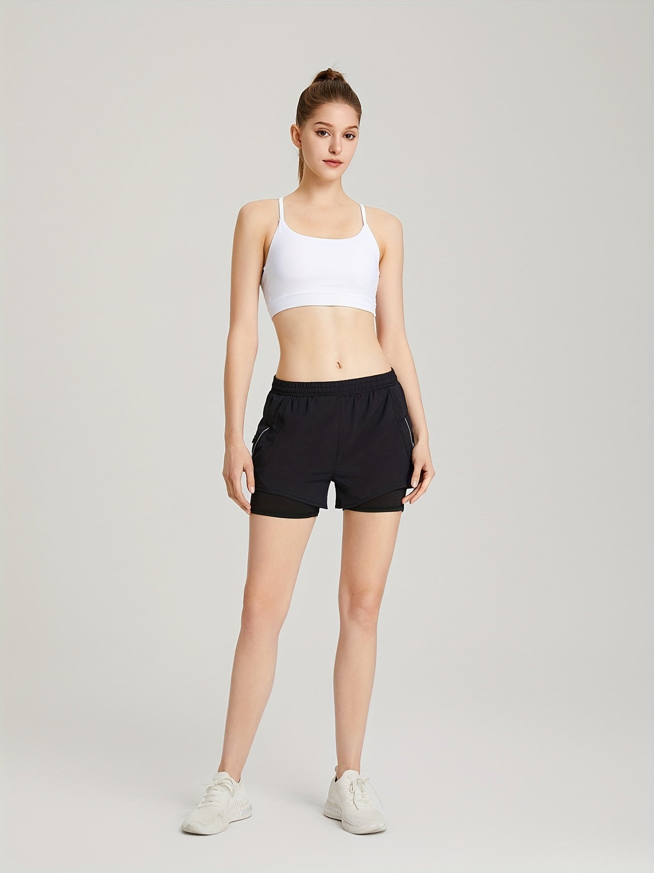 2 in 1 Running Shorts High Waist Zip Pockets Activewear
