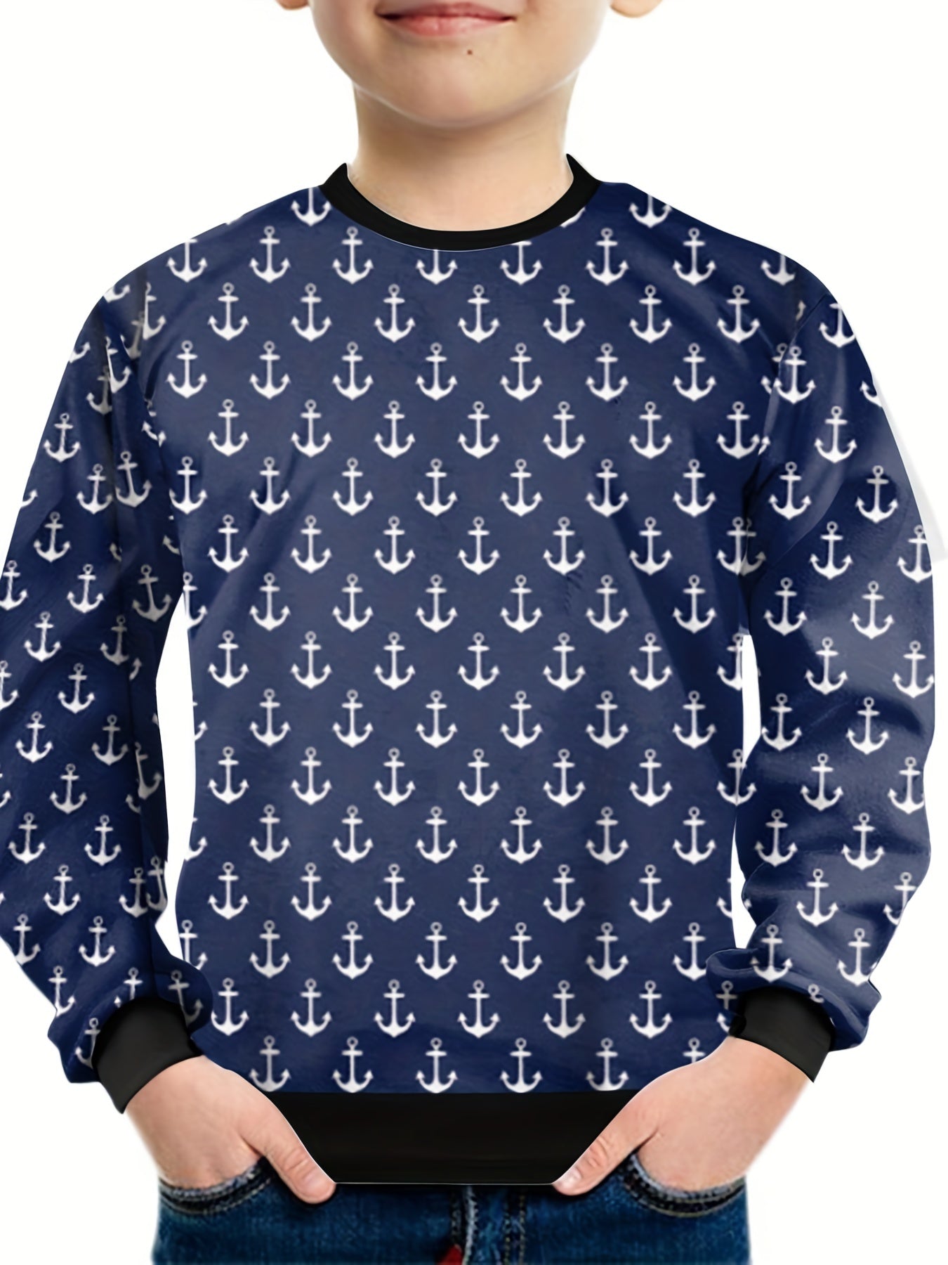 Teens 3D Anchors Print Sweatshirt Kids Casual Pullover
