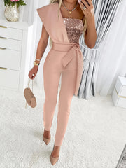 Sequin One Shoulder Jumpsuit Party Tie Waist Slim Jumpsuit