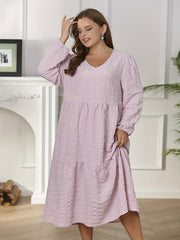 Solid Long Sleeve V Neck Midi Dress