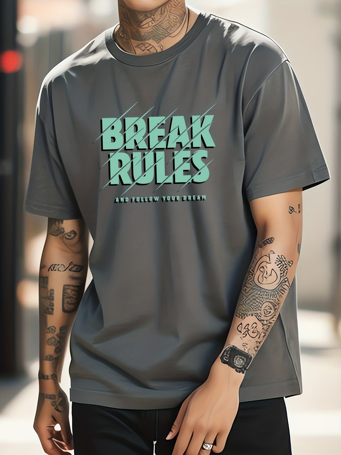 Solid Cotton BREAK RULES Print Men's Graphic Crew Neck T shirt