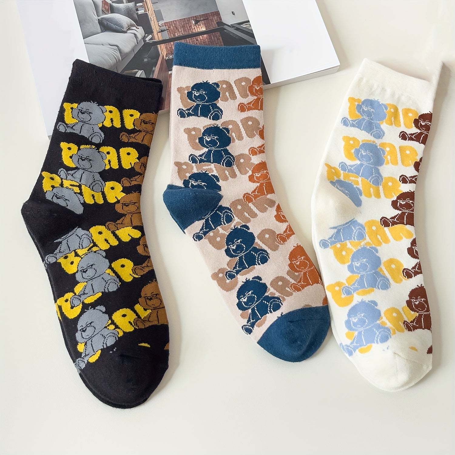 3 Pairs Cute Bear Print Socks Mid Tube Women's Stockings
