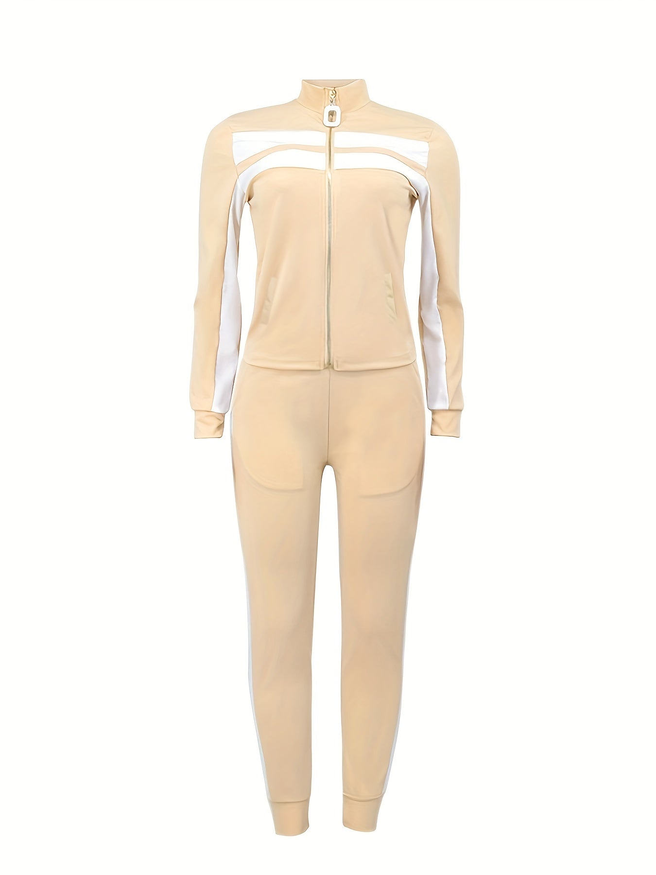 Casual Contrast Pantsuits Set Long Sleeve Zipper Sweatshirt & Loose Pants