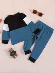 Boys Comfy Casual Suit Contrast Crew Neck Tops & Striped Pants