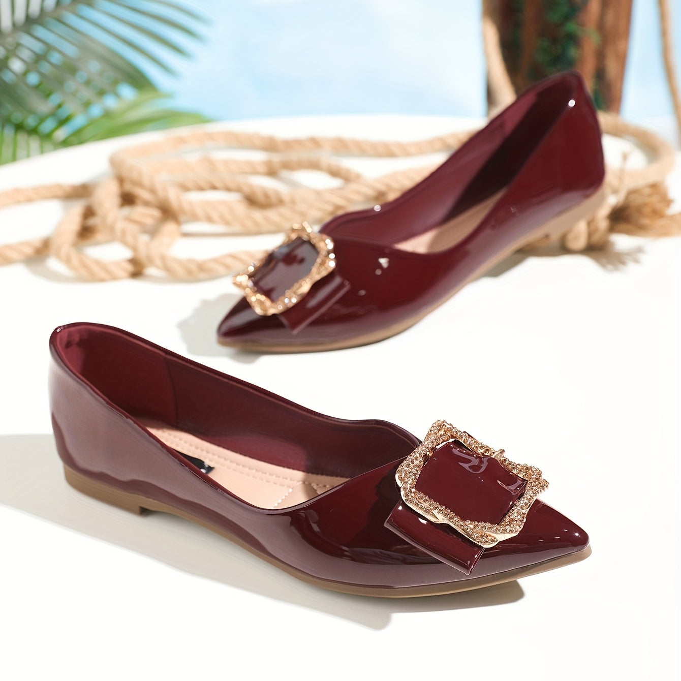 Rhinestone Buckle Flat Shoes Point Toe Faux Leather Lightweight Bridal Wedding