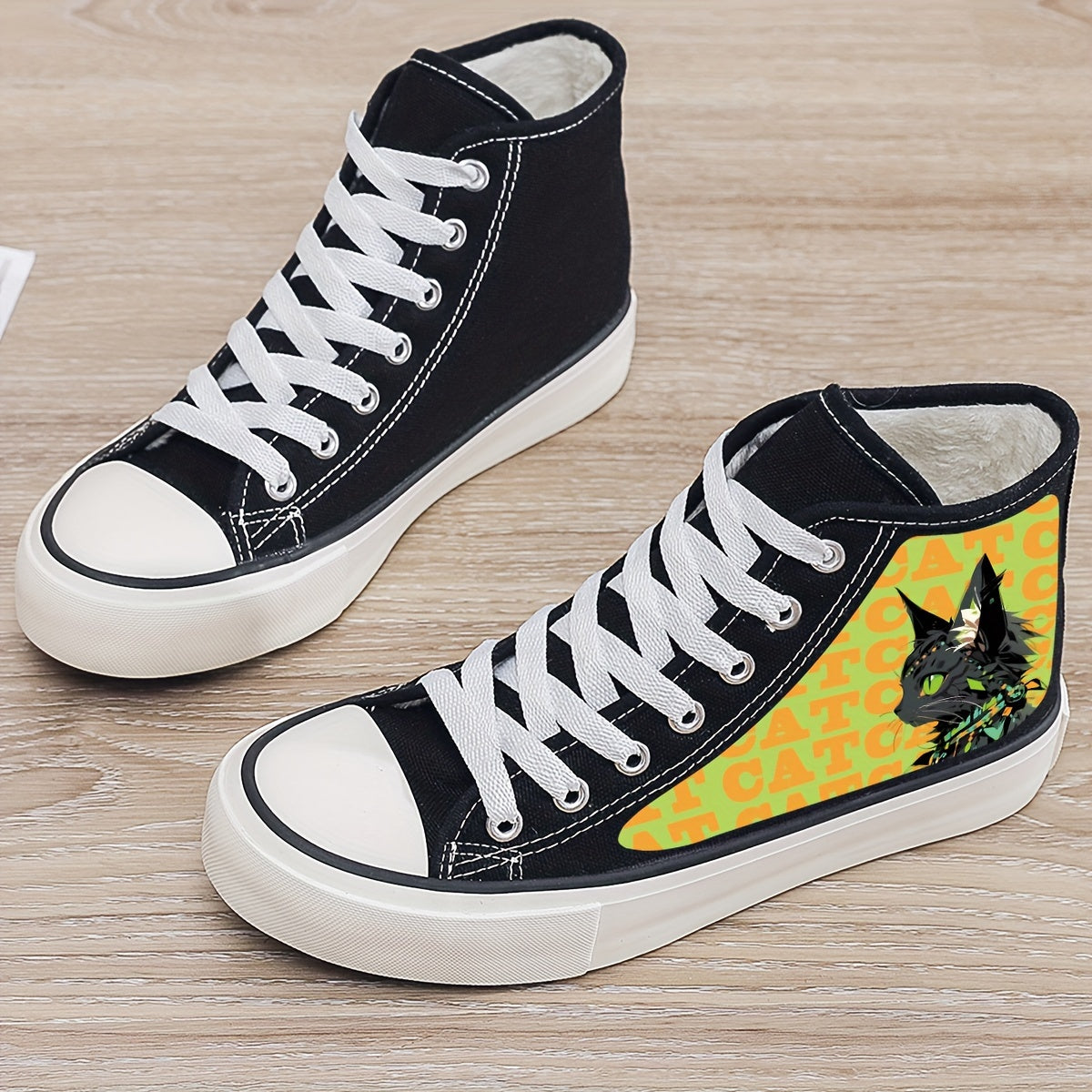 Cat Print Plush Lined Chunky Canvas Sneakers Fall Winter Warm Non Slip Shoes