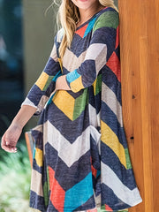 Plus Size Colorblock Stripe Print Long Sleeve Round Neck Casual Dress
