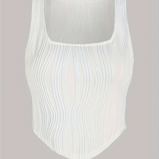 Solid Textured Square Neck Tank Top Sleeveless Summer Casual Top