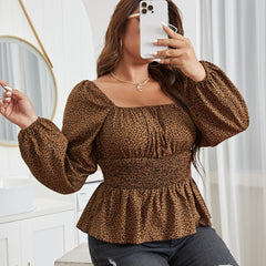Women's Plus Size Leopard Print Lantern Sleeve Peplum Blouse