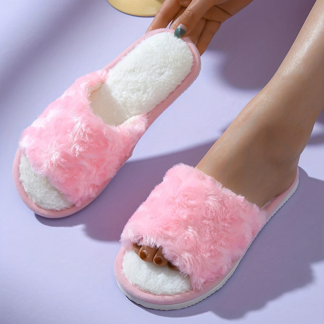 Women's Rose Fluffy Slippers Cozy Open Toe Solid Home Plush Shoes