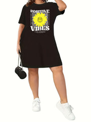 Sunflower & Letter Print Round Neck Sleep Tee Dress