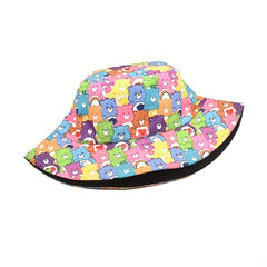 Versatile Bear Printed Sunshade Bucket Hat Double Sided Sun Hat for Men Women