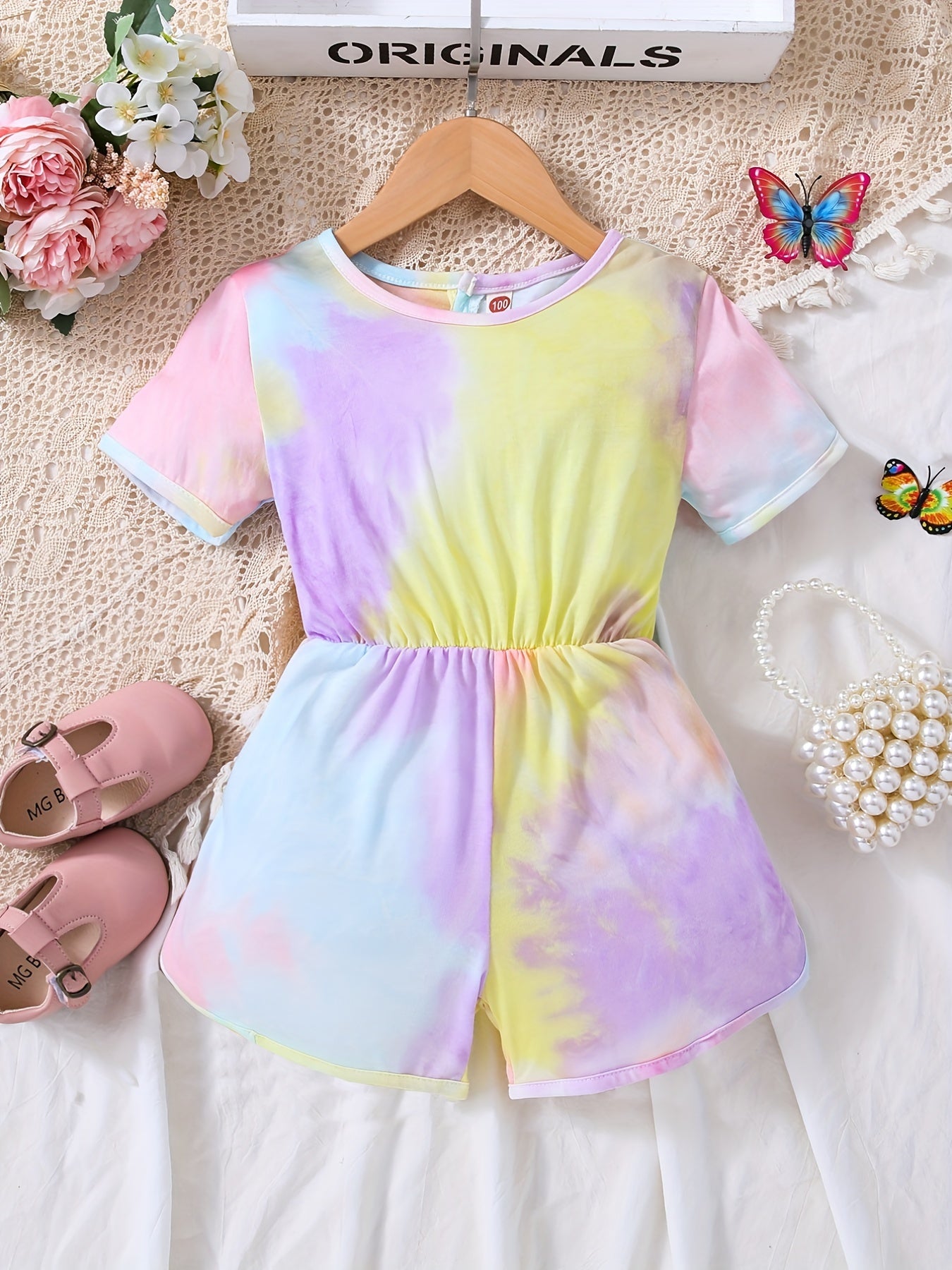 Girls Tie Dye Round Neck Short Sleeve Romper Jumpsuit