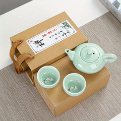 Celadon Tea Set with Koi Fish Teapot and Creative Tea Cups