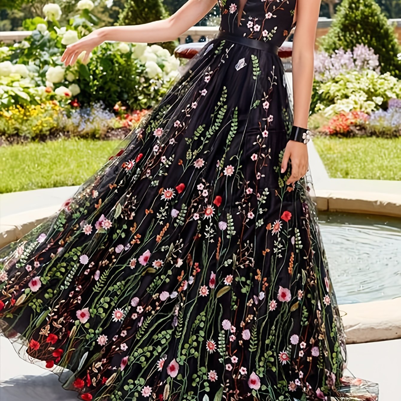 Floral Embroidered V Neck Maxi Party Dress