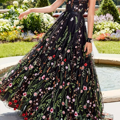 Floral Embroidered V Neck Maxi Party Dress