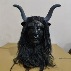 Goat Skull Mask with Long Hair and Horns Adult Halloween Costume Accessory