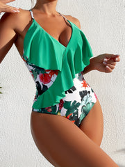 Tropical Print Ruffle One Piece Swimsuit Green V-Neck Cross Back