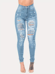 High Waist Ripped Holes Skinny Jeans Distressed Slim Fit Denim Pants