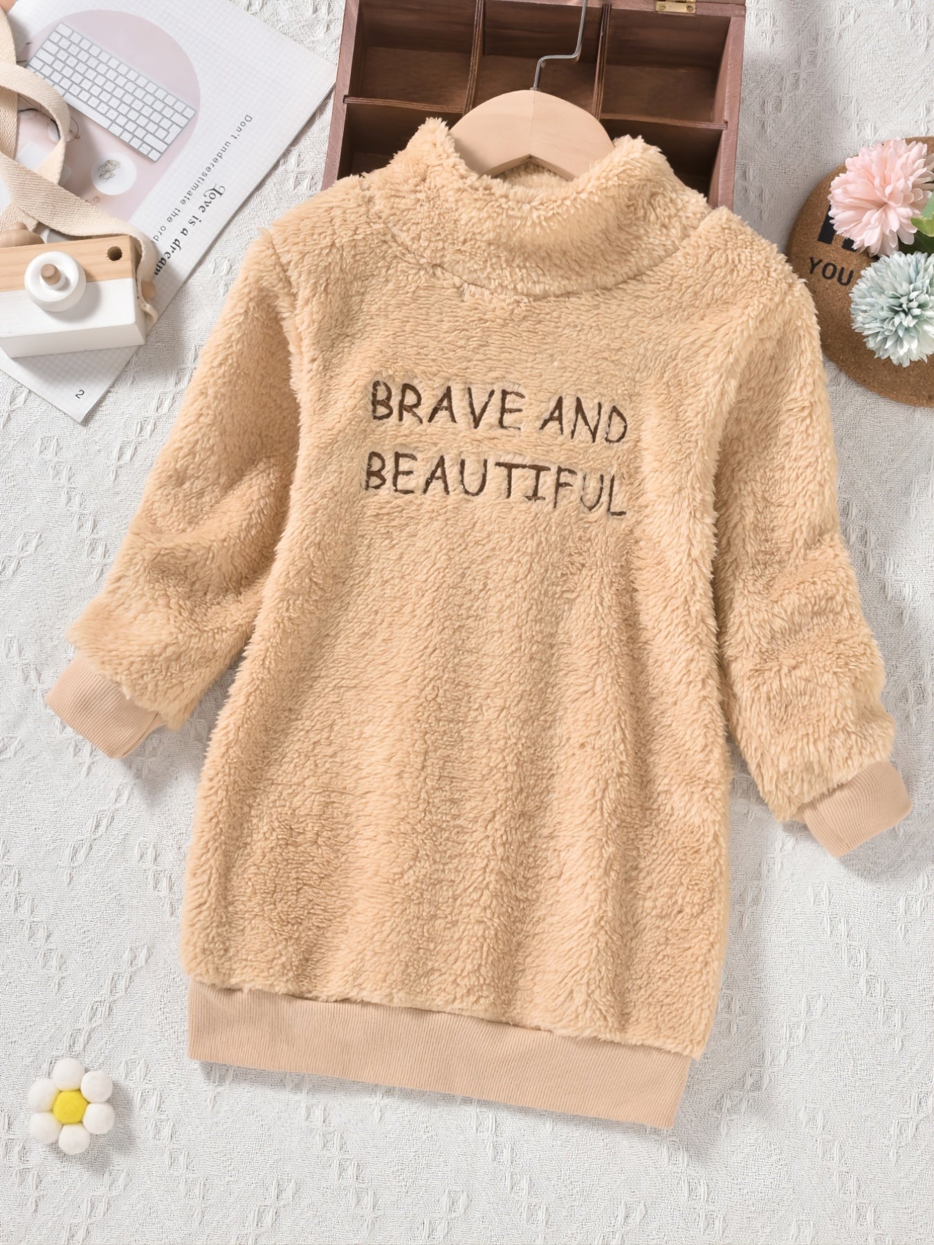 Girls Warm Fleece Dress with Letter Embroidery